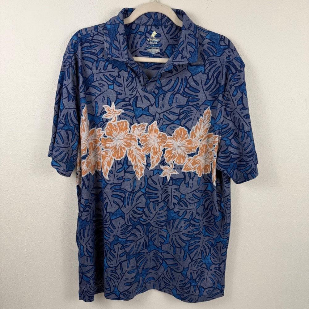 Caribbean Supima Mens Large‎ Blue Orange Monstera Hibiscus Tropical Polo Shirt